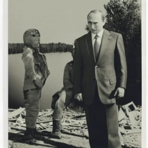 Image similar to Vladimir putin looking at an atomic bomb explosion. polaroid. bleak.