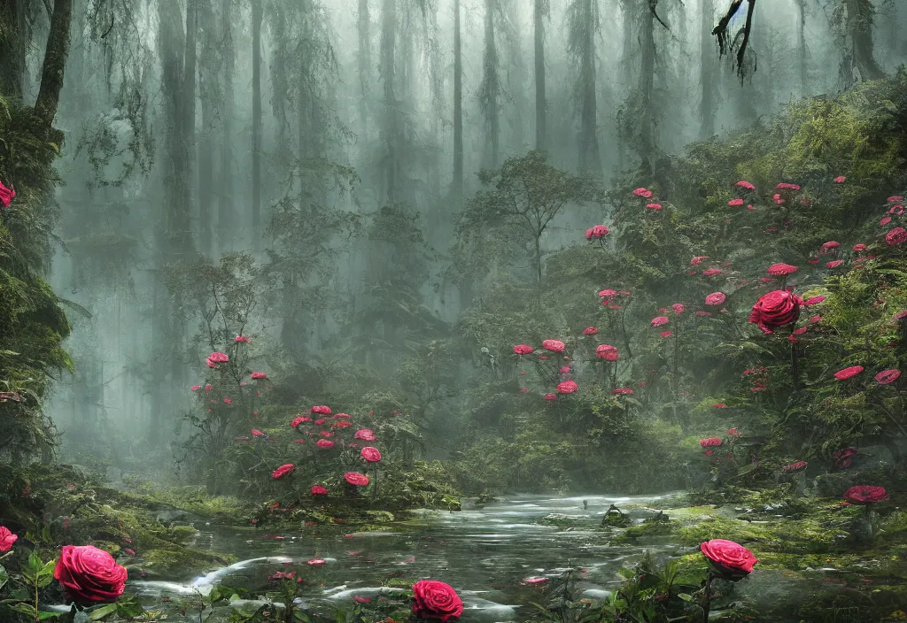 Prompt: handmade stunning landscape of a big and deep forest, ornate, beautiful, atmosphere, vibe, mist, chimney, pristine, puddles, melting, dripping, creek, lush, forest, roses, flowers, by kilian eng jake parker loish, octane render, 8 k hd resolution, high quality image