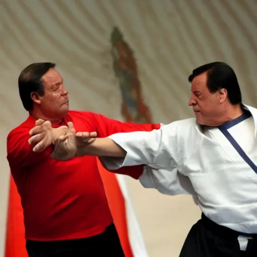 Prompt: Carlo Calenda fights against Silvio Berlusconi in a Kung Fu match