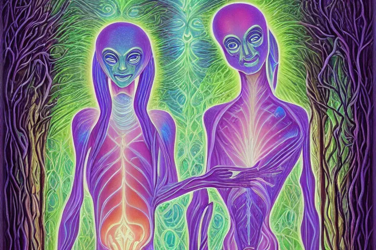 Image similar to painting of a tranquil alien made of light and glows meditating in dense forest by alex grey, acrylic art, ethereal, soothing, somber, elegant, warm light, cozy