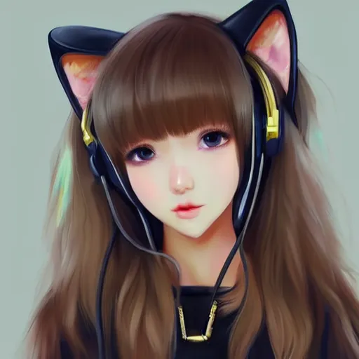 Image similar to realistic beautiful gorgeous natural cute Blackpink Lalisa Manoban blonde hair cute fur blonde cat ears wearing headphones wearing black leather choker in sweaters outfit golden eyes artwork drawn full HD 4K highest quality in artstyle by professional artists WLOP, Taejune Kim, Guweiz, ArtGerm on Artstation Pixiv