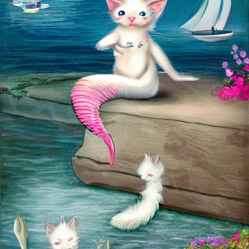 Prompt: a mermaid at the wharf in San Francisco meets a small white kitten, fantasy illustration,