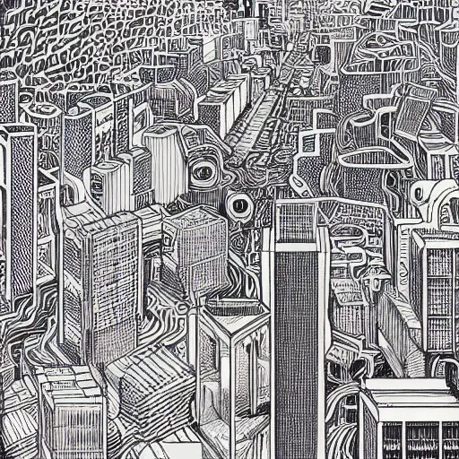 Prompt: “geometrically surreal city, extremely high detail, photorealistic, intricate line drawings, dotart, album art in the style of James Jean”