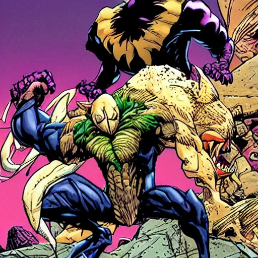Prompt: the maxx stomping on spider - man in the outback