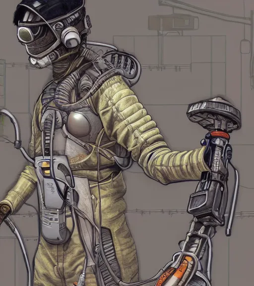 Image similar to realistic cyberpunk japanese engineer with long limbs and a black spacesuit welding a wall, techwear, dead space, visible face, Industrial Scifi, detailed illustration, character portrait, by Martin Grip and Moebius