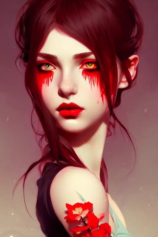 Image similar to a beautiful girl with red makeup in the eyes, fantasy, portrait, sharp focus, intricate, elegant, digital painting, artstation, matte, highly detailed, concept art, illustration, ambient lighting, art by ilya kuvshinov, artgerm, Alphonse mucha, and Greg Rutkowski