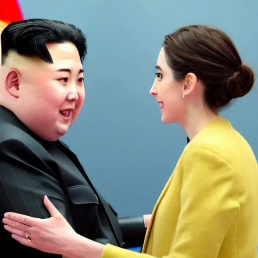 Prompt: close up shot of alison brie engaging peace talks with kim jong un. photography, photographic