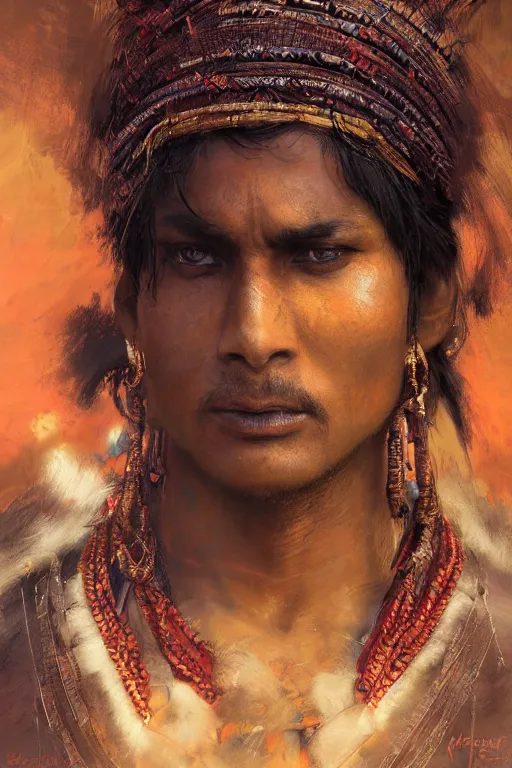 Image similar to indian warrior, close - up portrait, fierce, intricate, elegant, volumetric lighting, scenery, digital painting, highly detailed, artstation, sharp focus, illustration, concept art, ruan jia, steve mccurry