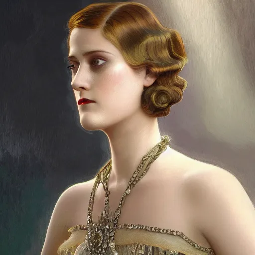 Image similar to full figure ultra realistic illustration, evan rachel wood wearing a 1 9 2 0 s flapper dress, 1 9 2 0 s hair, 1 9 2 0 s brooklyn, intricate, elegant, highly detailed, digital painting, artstation, concept art, smooth, sharp focus, illustration, art by artgerm and greg rutkowski and alphonse mucha