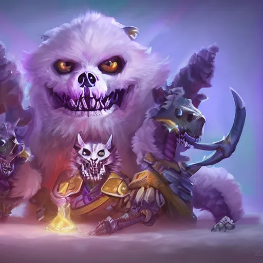 Prompt: cute fluffy animal skeleton creatures. blizzard warcraft animal creatures, graveyard background, bright art masterpiece artstation. 8k, sharp high quality artwork in style of Jose Daniel Cabrera Pena and Leonid Kozienko, violet theme, concept art by Tooth Wu, hearthstone card game artwork