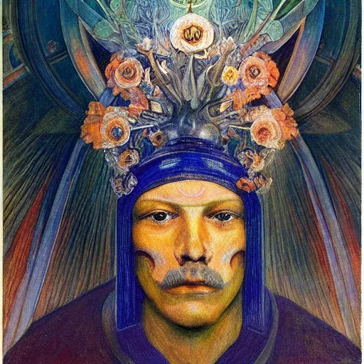 Image similar to masterpiece painting of the head of the robot flower king, by annie swynnerton and diego rivera and jean delville and tino rodriguez, flower mask, symbolist, dramatic lighting, god rays, elaborate geometric ornament, art brut, soft cool colors, smooth, sharp focus, extremely detailed, adolf wolfli