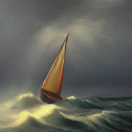 Prompt: oil painting of a sailboat in a storm