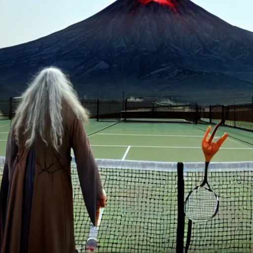 Image similar to Gandalf playing tennis with Sauron in front of Mount Doom.