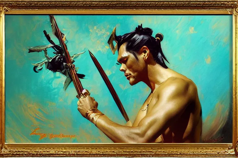 Image similar to turquoise samurai painting by gaston bussiere, craig mullins, j. c. leyendecker, tom of finland,