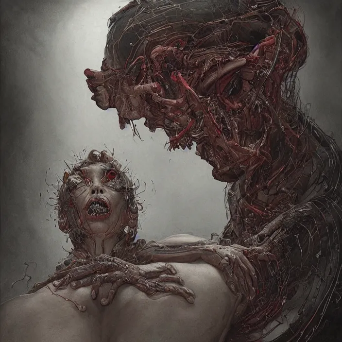 Image similar to dream portrait of a sleep paralysis demon standing over a person sleeping in bed in a dark ancient attic room,full character, melting ,8k,by tristan eaton,Stanley Artgermm,Tom Bagshaw,Greg Rutkowski,Carne Griffiths, Ayami Kojima, Beksinski, Giger,trending on DeviantArt,face enhance,hyper detailed,minimalist,cybernetic, android, blade runner,full of colour