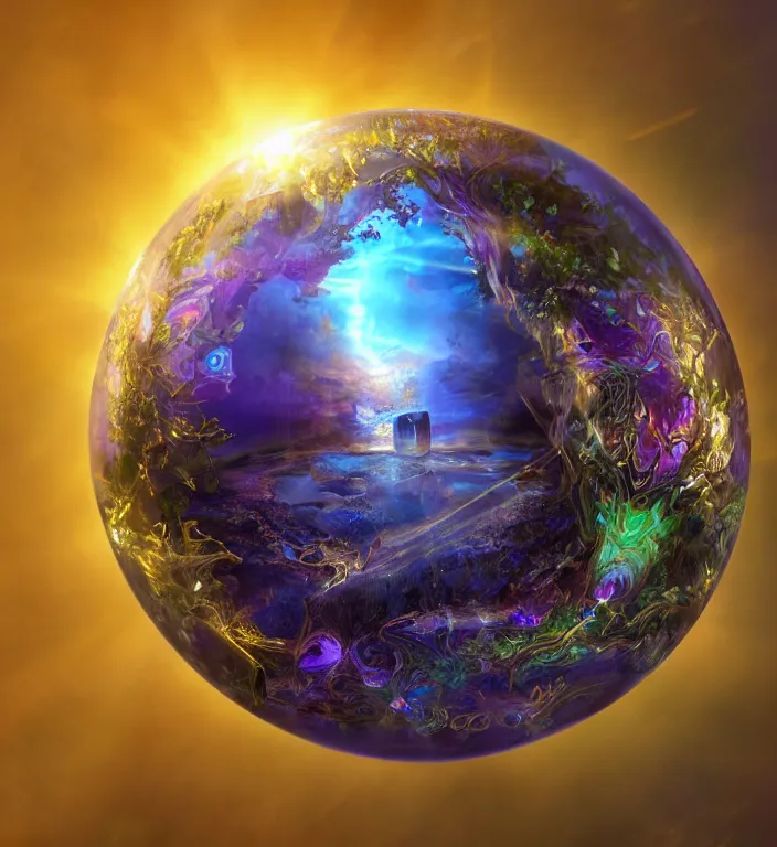 Image similar to a magical and exquisite fantasy illustration of an intricate and faceted crystal ball with a world inside of it + in water + prism + god rays + dramatic lightning + backlit + specular highlights + ambient occlusion + global illumination + bump map + reflective + caustics + refractive + unreal engine 5 + DOF + sharp focus, digital artwork by Peter Mohrbacher + Ash Thorp + Greg Rutkowski