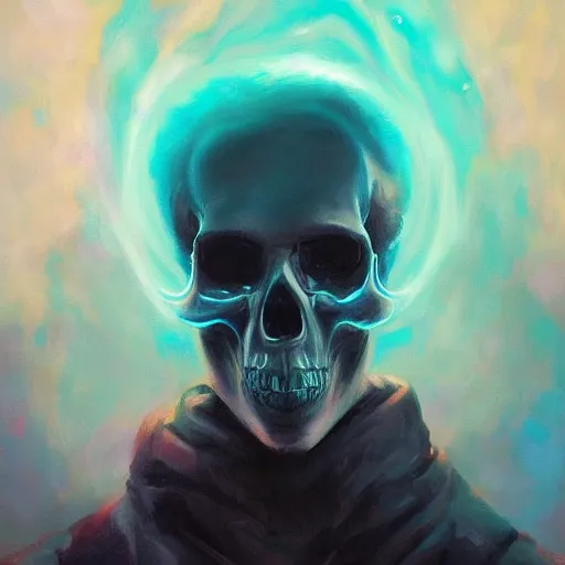 Prompt: a schizophrenic with an aurora skull's mind is blowing up, by ross tran, oil on canvas