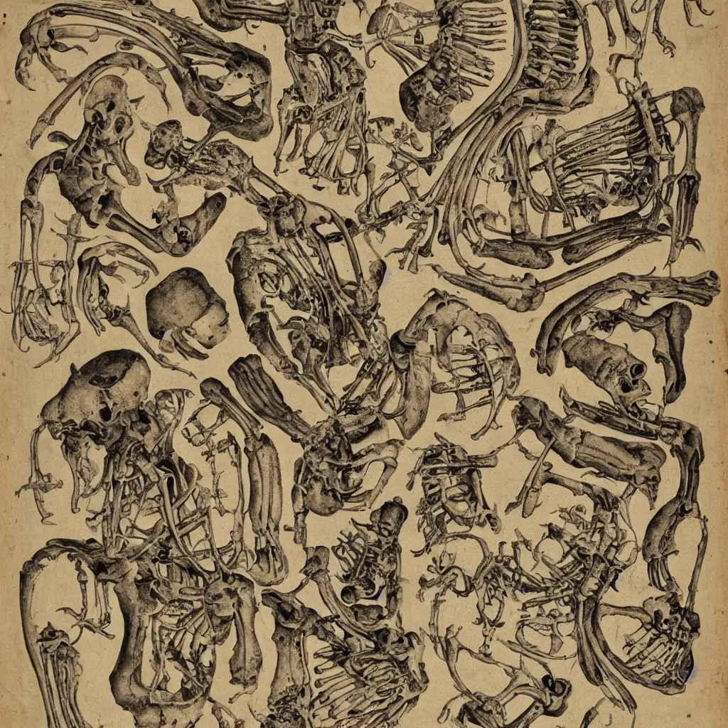 Prompt: 17th century scroll with illustrations of human bones!!! described in an alien language,