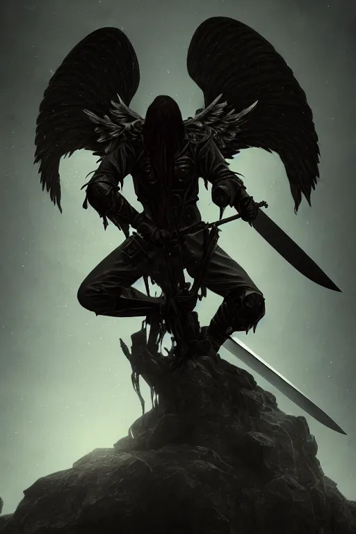 Prompt: fantasy art, fallen man angel kneeling with a sword and shield and wings, close-up, bokeh. dark art masterpiece artstation. 8k, sharp high quality illustration in style of Jose Daniel Cabrera Pena and Leonid Kozienko, Tooth Wu, studio lighting