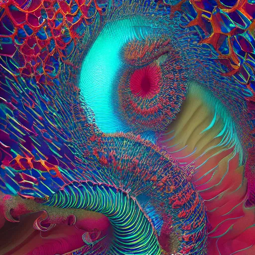 Prompt: cascading coral reef spiral, simulation, glitch, holographic, pixel sorting, intricate detail, by James Jean, Fenghua Zhong, Roger Dean and Ross tran