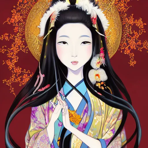 Image similar to portrait of the japanese moon princess kaguya hime with long flowing black hair wearing an ornate kimono with intricate floral patterns, touhou character illustration by ross tran, bo chen, toni infante, rebecca oborn, michael whelan, trending on artstation cgsociety hq