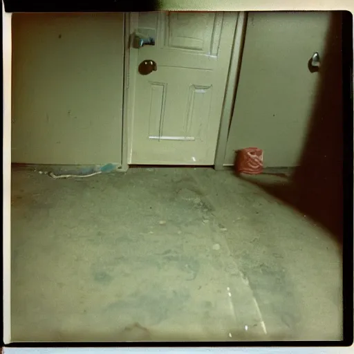 Image similar to dark concrete room with a tv on the ground inna dark doorway, creepy, eerie, old polaroid, expired film,