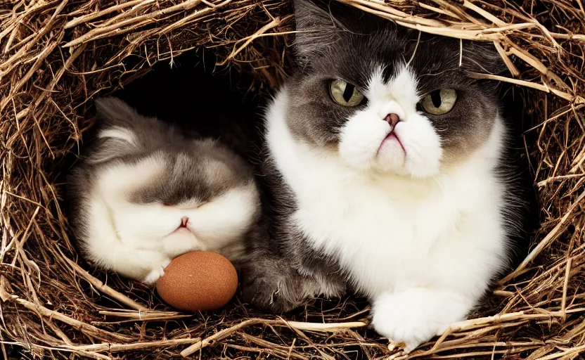 Prompt: An exotic shorthair cat with wings guarding it's eggs in a nest made of sticks. hands holding eggs, documentary, fluffy cat, national geographic, odd, depth of field, photorealistic