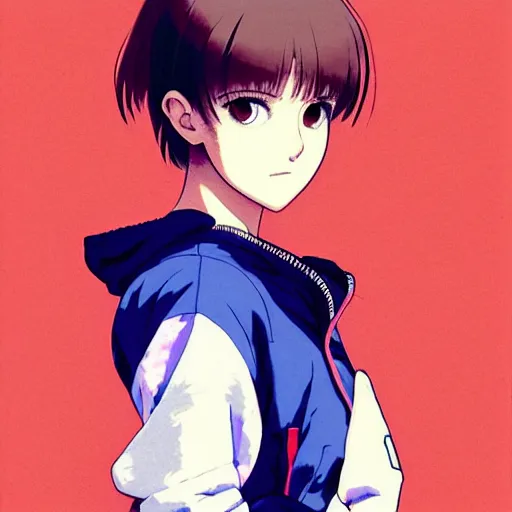 Image similar to a beautiful! boyish! natalie portman alluring gravure! model, wearing oversized mayan bomber jacket and leotard with overalls, bulky poofy bomber jacket with mayan patterns, gapmoe yandere grimdark, trending on pixiv fanbox, painted by greg rutkowski makoto shinkai takashi takeuchi studio ghibli, akihiko yoshida