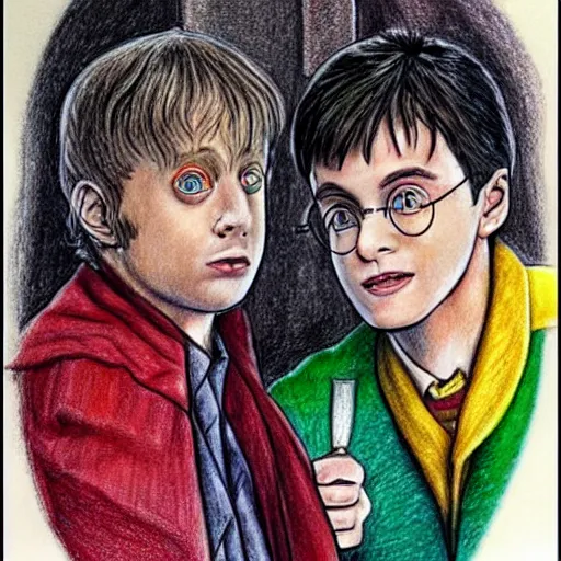 Prompt: coloured pencil drawing of charachters from harry potter looking at each other, trending