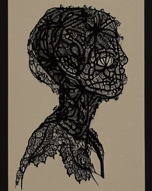 Prompt: a woman's face in profile, wearing a collared shirt, made of intricate decorative lace leaf skeleton, in the style of the dutch masters and gregory crewdson, dark and moody