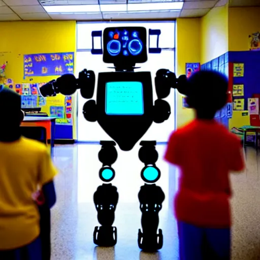 Prompt: cyberpunk robot teaching kids in an elementary school, national geographic photography, 3 d, looks like it was made by dall - e 2