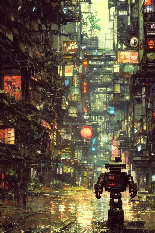 Image similar to vintage autochrome photo of ancient overgrown cyberpunk tokyo with robot by craig mullins, rutkowski, hiroshi yoshida, night, rain, flowers, beautifully lit, hyperdetailed, unreal engine, 3 d rendered, photorealistic, artstation, cgsociety