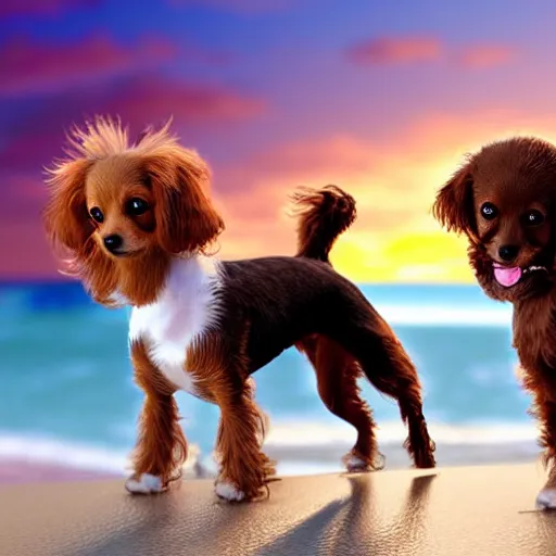 Prompt: a photorealistic closeup image of a cute brown colored long haired chihuahua cocker spaniel dog as well as a smiling white bichon frise puppy playing together at the beach. sunset, surf, brightly lit scene. fine detail. nice composition. 4 k hd unreal engine