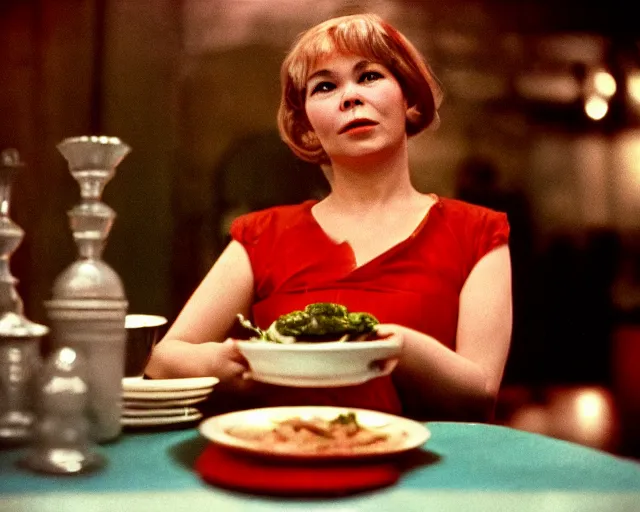 Image similar to 1 9 7 9 a soviet movie still a bjork sitting at a table with a plate of food in dark warm light, a character portrait by nadya rusheva, perfect symmetric coherent face, perfect symmetric eyes, featured on cg society, neo - fauvism, movie still, 8 k, fauvism, cinestill, bokeh, gelios lens