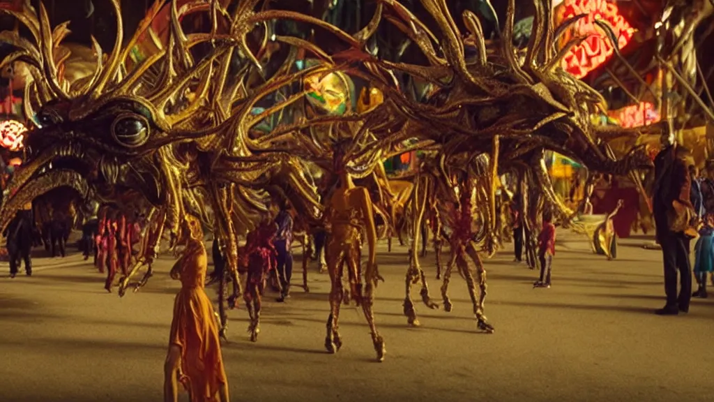 Image similar to the strange creature at the carnival, , film still from the movie directed by Denis Villeneuve with art direction by Salvador Dalí, wide lens