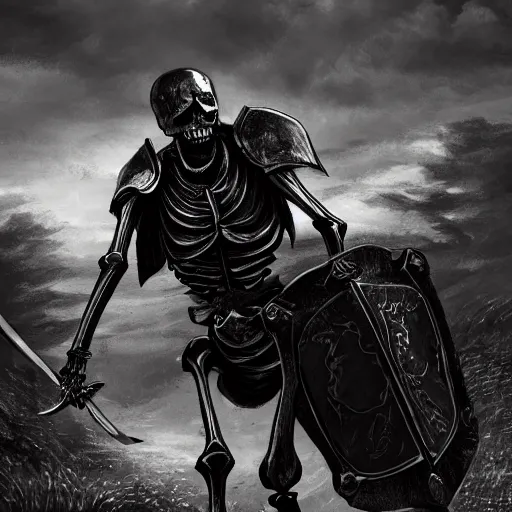 Prompt: a skeleton knight in black full plate armor with a black cape billowing in the wind standing on the battlefield surrounded by bodies, golden hour, shallow depth of field, moody lighting, 8 k, concept art,