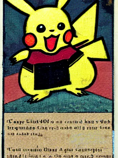 Image similar to creepy pikachu Pokémon card from the 1700s