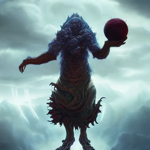 Image similar to by artgerm and agostino arrivabene, visually stunning, cinematic, ultra realistic, hyper realism, epic, octane render, unreal engine, vfx, maya, alien space knight, planet floating above his open hand, fungal enchanter, murloc tinyfin, dread infernal, wee whelp, battle ram