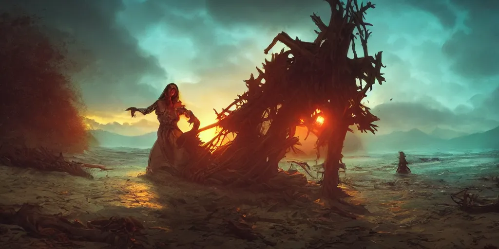 Prompt: epic unconcious medieval woman shipwrecked on a beach, dark forest and hills with bandits orcs and zombies, dramatic dark glowing golden neon sunset, dynamic lighting, hyperrealistic, hd 4 k, artstation