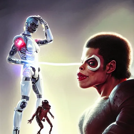 Prompt: cyborg michael jackson with a cyborg chimp, anatomy, bathed in light, highly detailed, photorealistic, artstation, smooth, sharp focus, illustration, unreal engine 5, 8 k, art by artgerm and greg rutkowski and edgar maxence