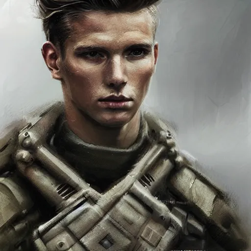 Image similar to Portrait of a man by Greg Rutkowski, he is about 20 years old, norwegian, short blond quiff hair, young, manly, attractive, strong, older brother vibes, he is wearing futuristic military fatigues, highly detailed portrait, scifi, digital painting, artstation, concept art, smooth, sharp foccus ilustration, Artstation HQ