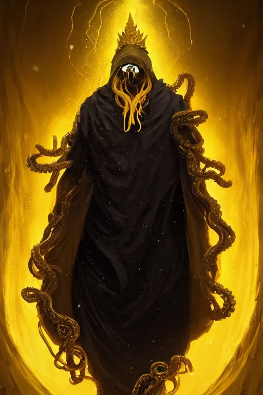 Image similar to A full body portrait of a mysterious character with no face with a very long hooded yellow cloak, a golden crown floating above his head tentacles coming out the ground art by Maciej Kuciara and Jason Chan, ominous, cosmic horror, trending on artstation, Ultra detailed, hyper realistic 4k