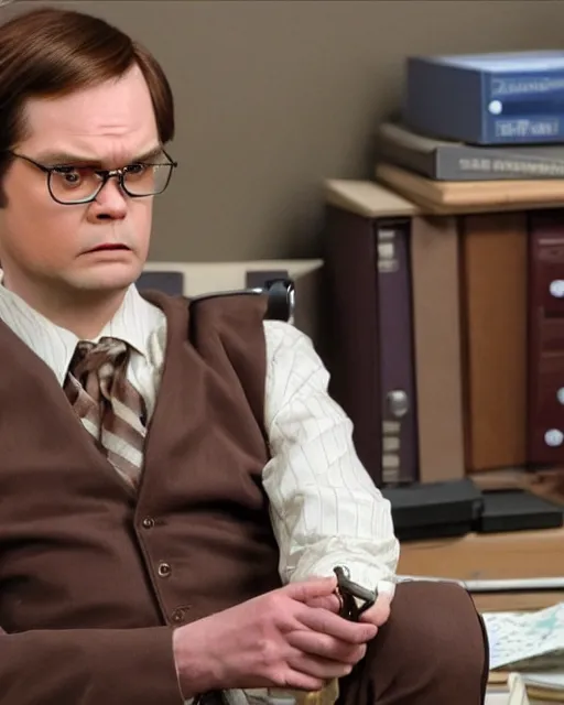 Image similar to a still if dwight schrute with brown suit as a muppet in the office. highly detailed felt. hyper real photo. 4 k.