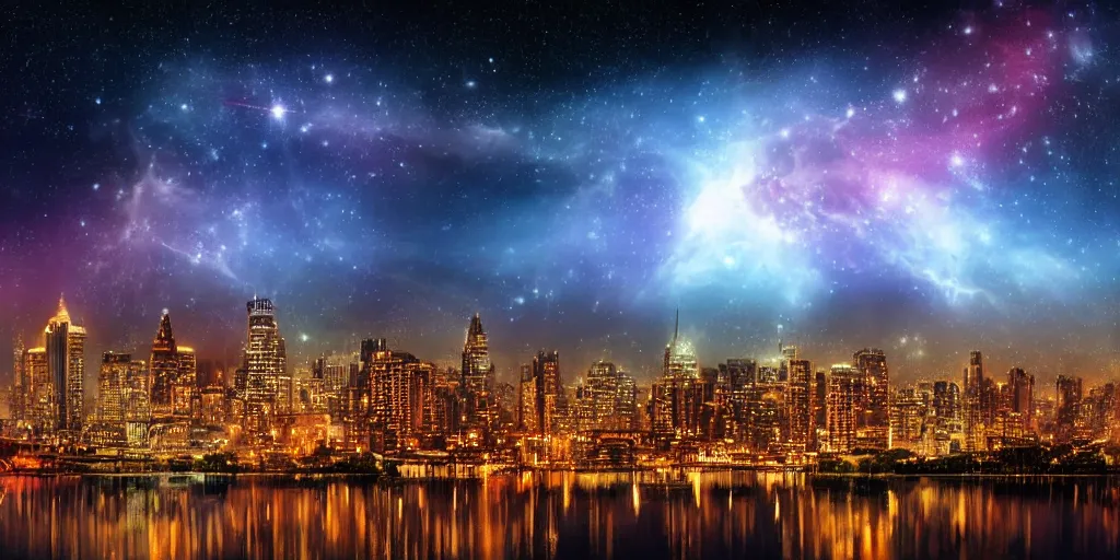 Prompt: a city at night with a beautiful nebula in the sky, realistic, high detail