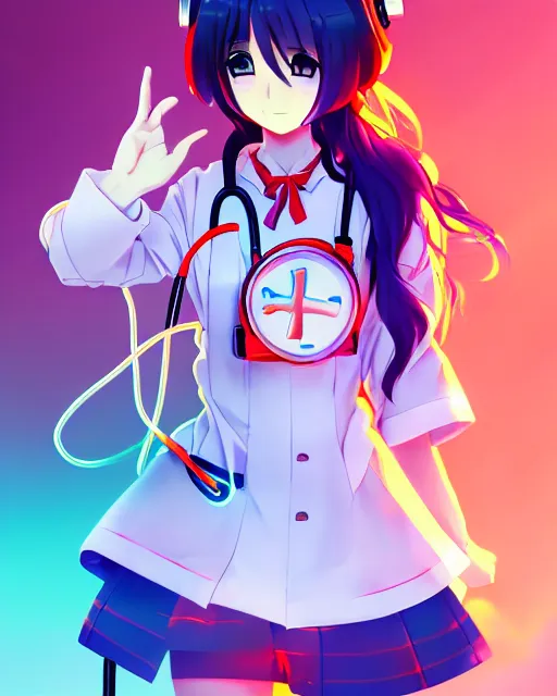 Image similar to anime style, vivid, expressive, full body, 4 k, painting, a cute magical girl with a long wavy hair wearing a nurse outfit, correct proportions, realistic light and shadow effects, neon lights, centered, simple background, studio ghibly makoto shinkai yuji yamaguchi