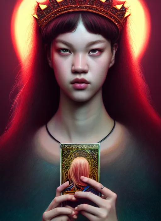 Image similar to jossi of blackpink, king, tarot card, highly detailed, digital painting, smooth, sharp focus, illustration, ultra realistic, octane, render, unreal engine 8 k, art by artgerm and agostino arrivabene