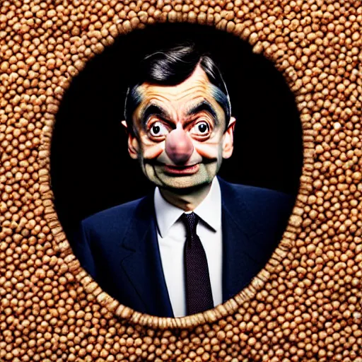 Image similar to uhd candid photo of mr. bean made of beans. photo by annie leibowitz