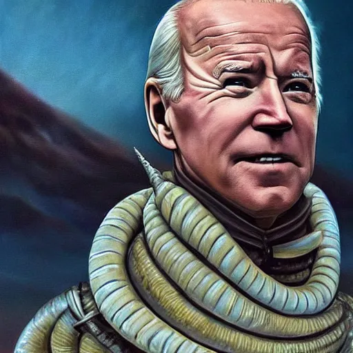 Image similar to joe biden as a sandworm from dune, artstation hall of fame gallery, editors choice, #1 digital painting of all time, most beautiful image ever created, emotionally evocative, greatest art ever made, lifetime achievement magnum opus masterpiece, the most amazing breathtaking image with the deepest message ever painted, a thing of beauty beyond imagination or words, 4k, highly detailed, cinematic lighting