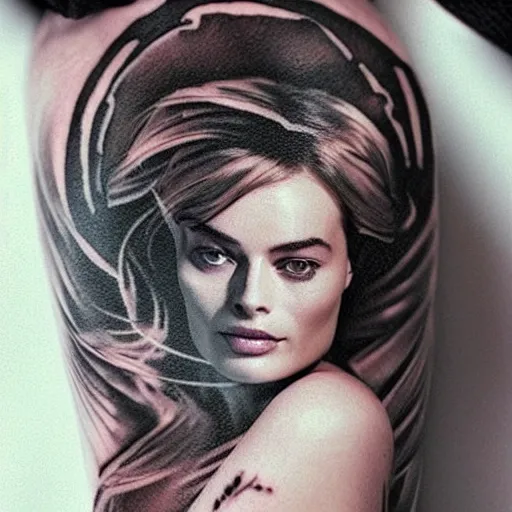 Image similar to tattoo design sketch with double exposure effect, margot robbie face and beautiful mountains, in the style of matteo pasqualin, amazing detail