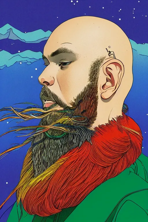 Image similar to a colorful closeup portrait of a young bald man with a very long wild beard dreaming psychedelic hallucinations in the vast icy landscape of antarctica, by kawase hasui, moebius and edward hopper, colorful flat surreal design, hd, 8 k, artstation